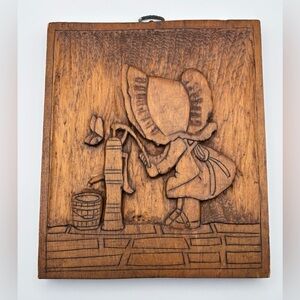 Vintage Bonnet Girl Water Pump Carved Wood Relief Art Rustic Primitive Cottage